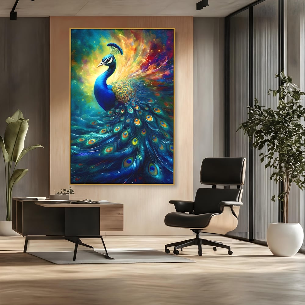 Tablou canvas cu tablou canvas cu paun colorat, in rama de aluminiu auriu, pe perete intr-un birou